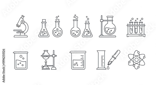 Collection of Hand Drawn Science Laboratory Equipment Icons.