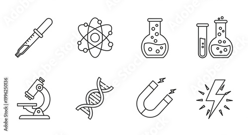 Collection of science and laboratory icons in outline style.