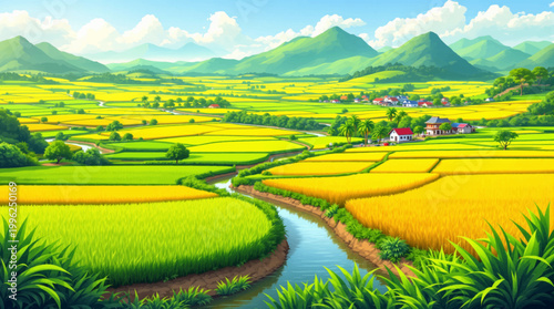 Expansive agricultural basin crossed by waterway near distant peaks. Grand rural panorama showcasing patchwork crops and compact town. Scenic valley overview with irrigation channel