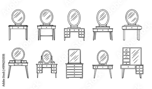 Vanity makeup table icon grid dressing table mirror furniture black and white outline vector collection