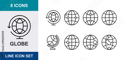 8 Globe linear icons world map, earth planet, geography sphere, global network, UI and web interface design