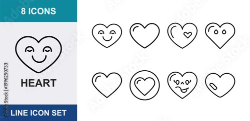 8 Heart linear icons emoji face, romance shape, wedding decoration, social media like, UI and web interface design