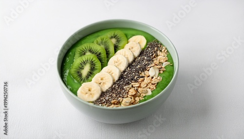 vibrant green smoothie bowl topped with sliced kiwi banana granola and chia seeds on a white background