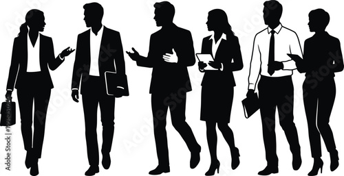 Professional business people silhouettes walking and talking, corporate team group vector, office colleagues in formal suits communicating