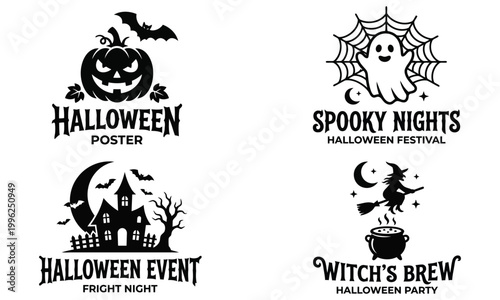 Halloween Festival Event with Spooky Nights and Witch's Brew Posters Featuring a Jack-o-Lantern, Spider Web, Ghost, Witch, and Haunted House