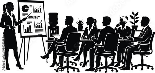 Business strategy presentation silhouette, professional corporate meeting with female speaker, office team workshop and seminar vector illustration
