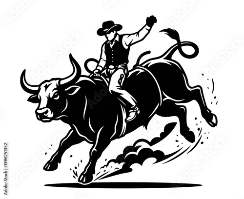 Dynamic bull riding scene with cowboy, monochrome vector illustration in western style.