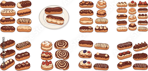 Eclair pastry collection set with assorted chocolate cream desserts and sweet bakery items isolated vector illustration confectionery design