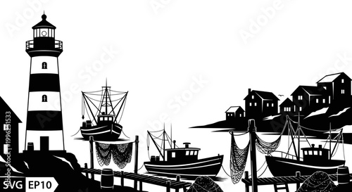 Lighthouse and Fishing Boats in Harbor, Silhouette Style