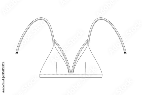 Technical Flat Sketch of a Modern Strappy Triangle Bra,Apparel Design Template: Women's Bralette with Double Strap Detail, Vector Fashion Illustration of a Minimalist Triangle Bra Top.