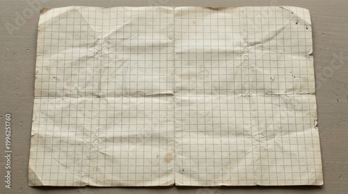 Wrinkled graph paper with a grid of squares, folded in half with visible creases and texture