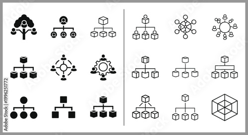 Hand Drawn Organizational Chart Icon Set with Hierarchy Network Structure Symbols for Business Management Infographic Design Elements