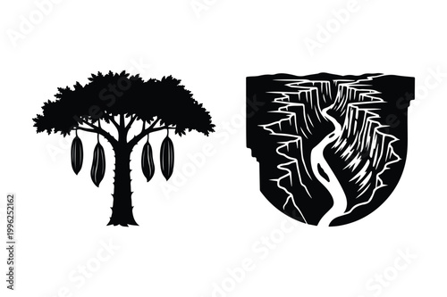 Stylized illustration of a cocoa tree with pods and a canyon landscape