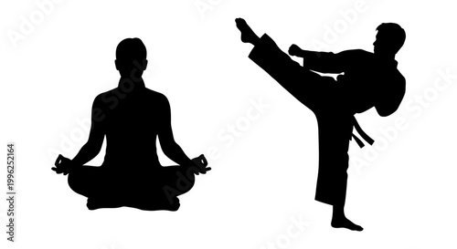 Martial arts and yoga icon set black silhouette, white background, vector Illustration