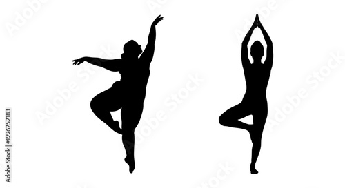 Yoga and dance icon set with woman silhouette poses, white background, vector Illustration
