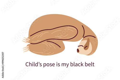 Sloth does yoga. Sloth sleeps in child pose. Humorous flat style illustration. Funny flat vector design for yoga studio decor, fitness humor posters, sloth lover gifts. Relaxation content, meditation