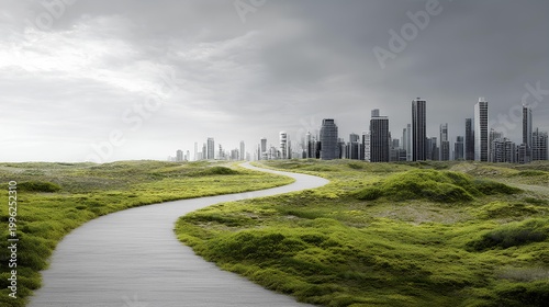 Path to Urban Vista: A winding path leads the eye across verdant green fields towards a distant cityscape beneath a dramatic sky, symbolizing journey and ambition.