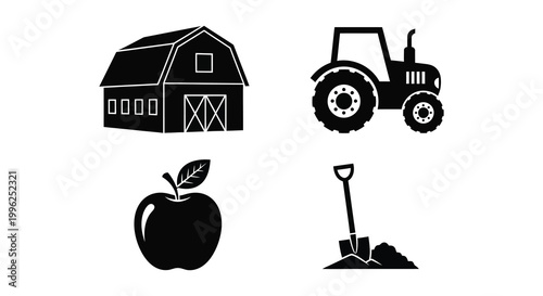 Farm icons depicting a barn tractor apple and shovel silhouette