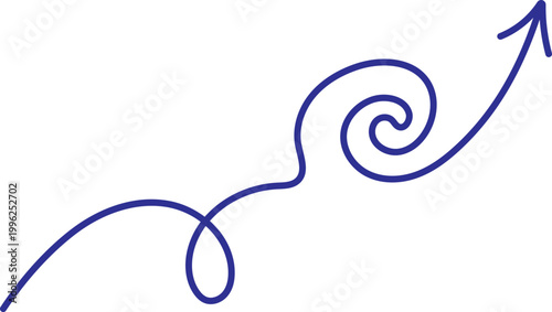 Obraz na płótnie Hand drawn blue continuous line upward arrow with loops and spirals showing non