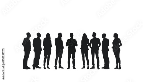 Business team silhouettes stand in a professional horizontal row during a corporate networking event.