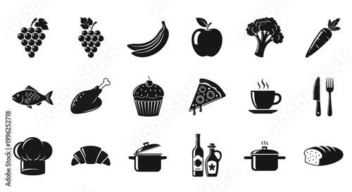 Variety of food items displayed in a black graphic silhouette
