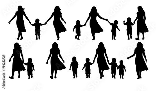 Mother and child walking silhouette set vector with multiple poses family activity collection