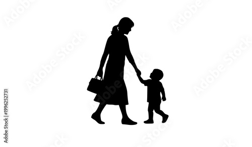 Walking mother and child silhouette vector side view family bonding outdoor activity concept