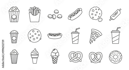 Collection of hand-drawn fast food and snack icons.