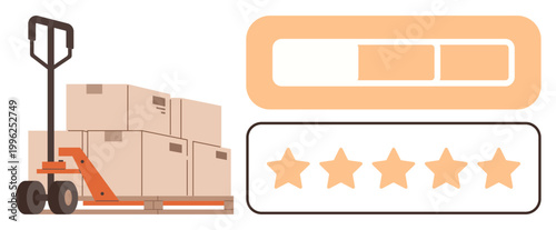 Logistics, e-commerce, quality assurance, delivery services, shipping, customer satisfaction. Pallet jack with boxes, five-star rating bar. Logistics and e-commerce service concept