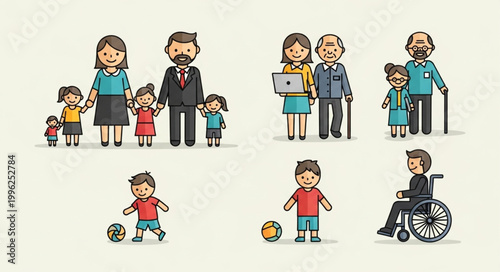 Diverse group of cartoon people representing different ages and abilities.