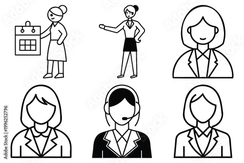 Set of businesswomen vector icons depicting office workers and professional activities like presentations and customer service.