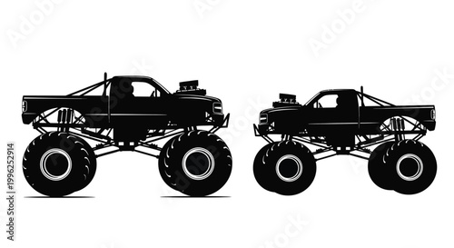 Two monster trucks shown in profile a striking black silhouette