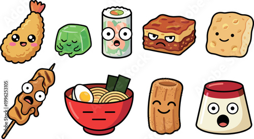 Cute Kawaii Japanese Food Characters Set Featuring Sushi, Ramen, Tempura, Mochi, Dango, and Pudding with Funny Faces for Cartoon Vector Illustration Design