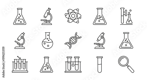 Collection of science icons including microscopes and test tubes.