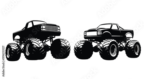 Two powerful monster trucks depicted in a dramatic black silhouette