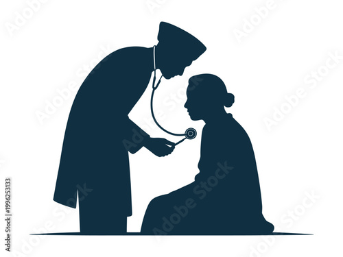Vector illustration of doctor checking patient with stethoscope in rural healthcare setting