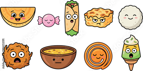 Cheerful food characters with expressive emotions for children’s activity books, playful sticker packs, branding mascots, and creative culinary projects