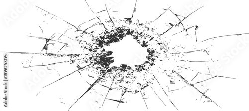 Shattered and broken glass window with sharp cracks and bullet hole impact texture graphic isolated vector illustration. 