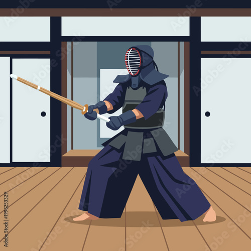 A dynamic illustration depicting a samurai engaged in kendo practice within a traditional dojo, wearing armor and demonstrating focused technique.