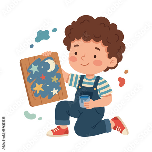 A child artist joyfully paints a colorful starry scene on a wooden board, showcasing creativity and imagination, and highlighting the beauty of artistic expression in childhood.