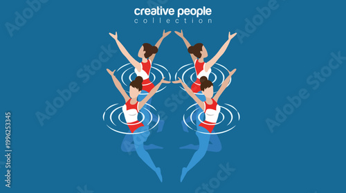 A colorful digital illustration captures synchronized swimmers gracefully performing together in a bright blue pool, symbolizing elegance and teamwork in sports.