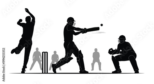 A cricket match in progress with a bowler batsman and fielder silhouette