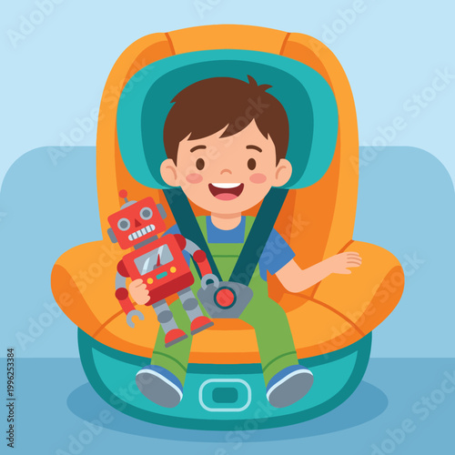 Φωτογραφία A joyful child securely seated in a bright car seat, holding a colorful robot toy, symbolizes safety and happiness during travel, showcasing child-friendly design