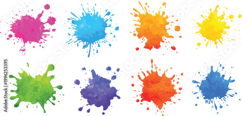 Collection of vibrant colorful watercolor paint splatters and messy ink brush splash design elements vector illustration.