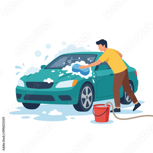 An everyday scene of a person washing a car with soap bubbles and water; this image captures the essence of car maintenance with a focus on cleanliness and care.