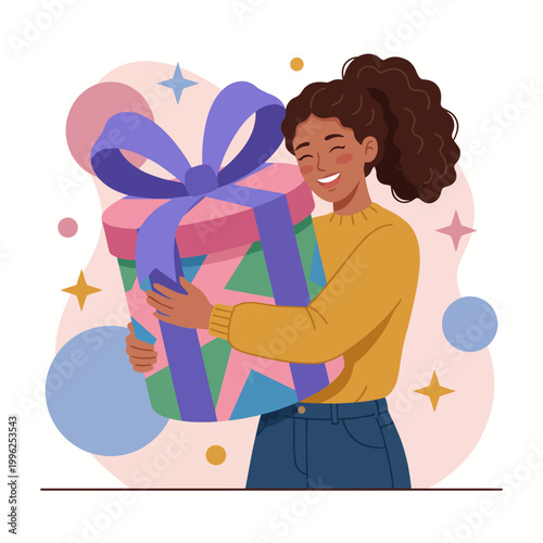 A joyful illustration of a woman holding a beautifully wrapped gift, radiating happiness and excitement, encapsulating the essence of celebration and giving in a colorful setting.