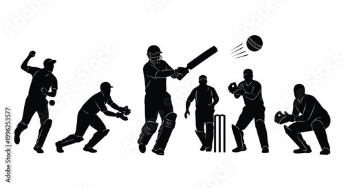 A dynamic cricket game scene featuring players in action a striking silhouette