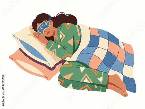 An inviting illustration of a woman peacefully sleeping in colorful pajamas, capturing the essence of comfort, rest, and the importance of self-care and relaxation in a busy life.
