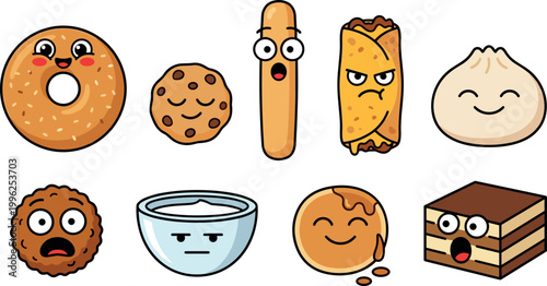Playful food characters with expressive emotions for children’s activity sheets, sticker packs, branding mascots, and creative culinary design projects