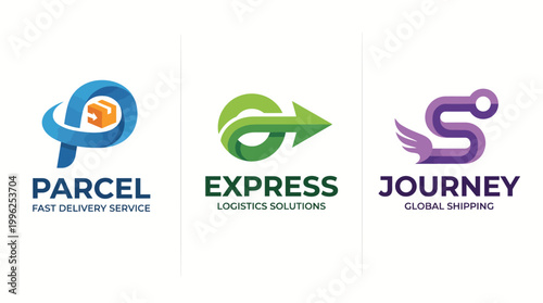 This collection showcases logos for parcel delivery and logistics services, emphasizing speed, efficiency, and global connectivity in a visually appealing manner for businesses.